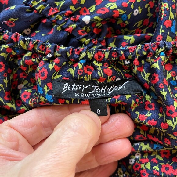 Betsey Johnson Size 8 High-Waisted Silk Dress Puff Sleeve Red Blue Floral - Picture 2 of 12